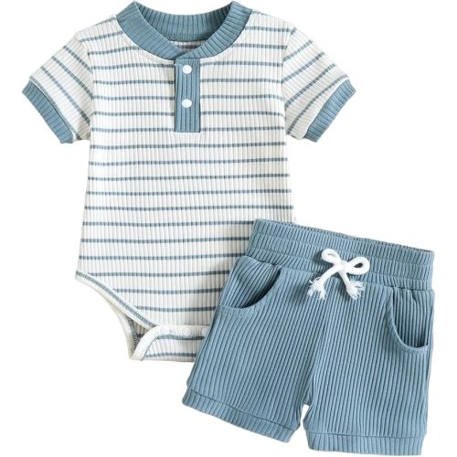Baby Boy Outfits Ribbed Short Sleeve Striped Romper Top Solid Shorts with Pocket Baby Boy Summer Clothes 0-18M