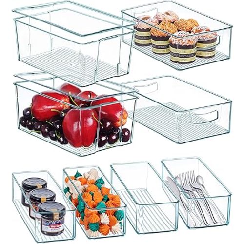 Hudgan 8 Pack Stackable Pantry Storage Bins, Clear Acrylic Organizers for Organizing Freezer or Fridge, The Home Edit Storage Containers - 3 Sizes