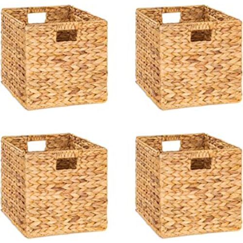 10.5 x 10.5in Storage Cube, Wicker Storage Baskets for Shelves, Water Hyacinth Storage Baskets, Wicker Storage Basket for Bedroom, Living Room (4 Packs 10.5x10.5in)
