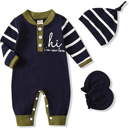 GRNSHTS Newborn Baby Boy Romper Coming Home Outfits Letter Print Bodysuit Jumpsuit+Hat+Gloves 3PCS Clothes Set - Dark Blue+stripe