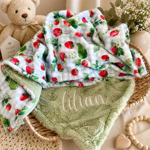 Strawberry Blanket | Personalized Blanket | Embroidered Blanket | Name Baby Shower Gift