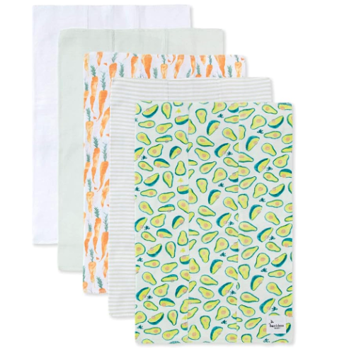 Burts Bees Baby Infant Burp Cloths, 100% Organic Cotton Extra Absorbent Soft Fabric Drool Cloths, 5-Pack Newborn Must-Have Essential Large Burping Cloths, One Size 17 x 11.75 Inches