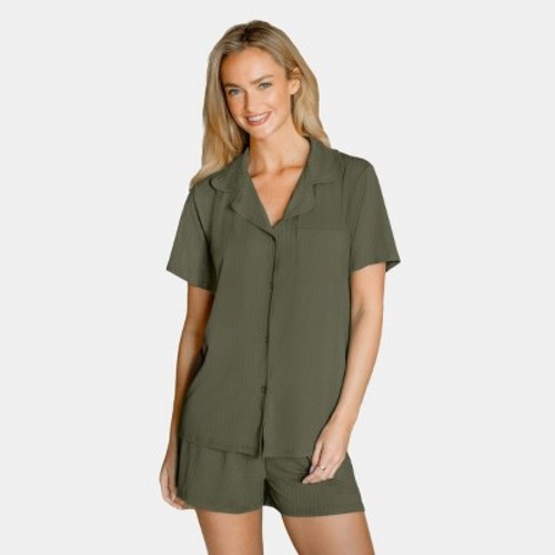 Women's Ribbed Button Front Top & Shorts Pajama Set - Cupshe, Color: Green, Size: xl