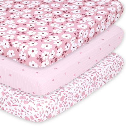 The Peanutshell Pack n Play, Mini Crib, Portable Crib or Fitted Playard Sheets for Baby Girl, Pink Daisy, 3 Pack Set