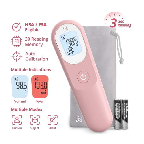Greater Goods Digital Infrared Forehead Thermometer, Baby, Kids and Adults w Backlit Display, Pink HSA/FSA Eligible