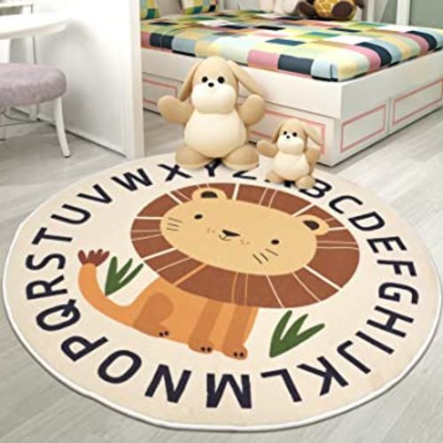 Kid Rugs Animal Play Rug 4Ft Large Round Lion Play Mat Soft Alphabet Educational Area Rug Nonslip Circle Baby Crawling Mat for Boys Girls Carpet for Kids Playroom Nursery, Sitting