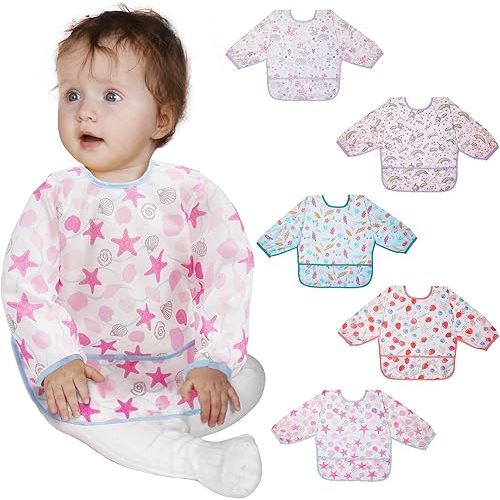 Lictin Long Sleeve Bibs 5 Pack - Baby Bibs, Waterproof Toddler Bibs, Baby Smock for Eating, Baby Bibs for Feeding Teething