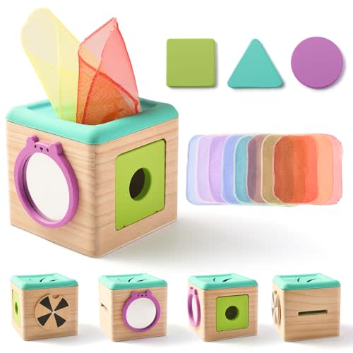 Montessori Tissue Box Toy for Babies - 3 Shape Blocks & 8 Silk Paper, Baby Boy Girl Gifts for Babies 12 18 Months Old Birthday Children Day