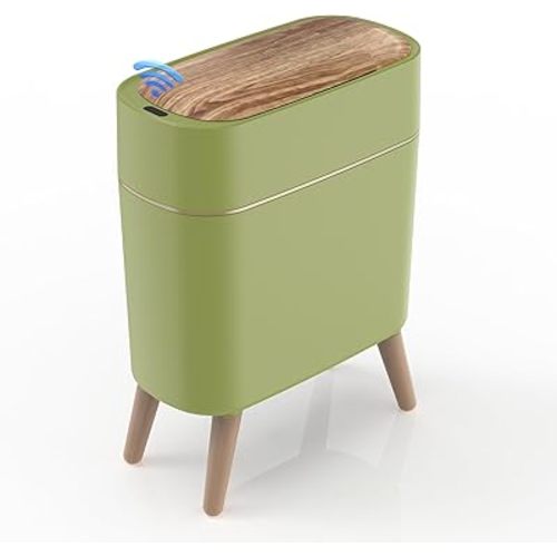 suyika Automatic Trash Can, 2.6 Gallon/10L Bathroom Trash Can with Lid - Wood Grain Lid and Legs, Touchless Waterproof Garbage Bin for Bedroom, Bathroom, Office, Living Room