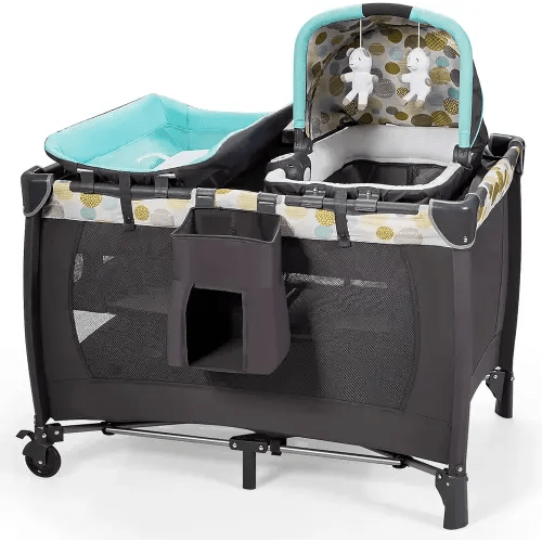 HONEY JOY 4-in-1 Pack and Play with Bassinet, Infant Nursery Center Pack and Play w/Newborn Cradle & Hanging Toys, Diaper Storage Bag, Music, Carry Bag, Portable Baby Playard w/Changing Station (Blue)