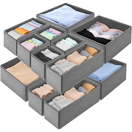 Drawer Organizer Clothes, 12 Pack Foldable Underwear Organizer Drawer Dividers Fabric Baby Clothes Organizers and Storage Dresser Drawer Organizers Bins for Nursery, Closet, Bedroom (Grey)