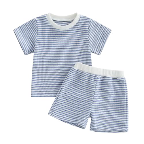 VISGOGO Baby Boy Girls Toddler Summer Outfit Striped T-shirt Toddler Boy Summer Clothes 6 12 18 Months 2 3 4 5 T Short Set