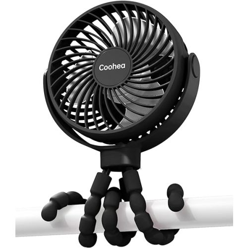 Stroller Fan Battery Operated Portable Fan USB Rechargeable Small Fan with Flexible Tripod Cooling Fan Clip on for Baby Stroller Car Seat Bike Golf Cart Beach Trip Outdoor, 3 Speeds Wind, Black