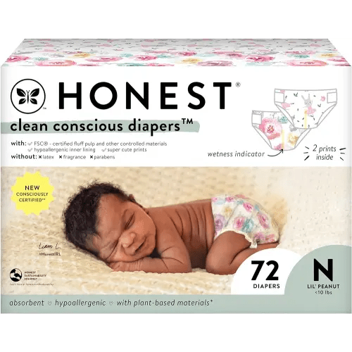 The Honest Company Clean Conscious Diapers | Plant-Based, Sustainable | Rose Blossom + Tutu Cute | Club Box, Size Newborn, 72 Count