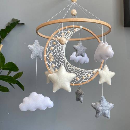 Crib Baby Mobile neutral Macrame Moon Star Dreamcatcher, Gift for her, Gift Baby shower handmade, Crib Arm Mobile Baby Cot bed decor nature