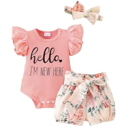 Baby Girl Summer Clothes I’m New Here Newborn Going Home Outfit Ruffle Ribbed Romper Tops Floral Shorts Set + Headband