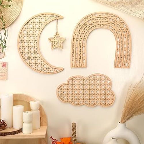 Geetery Boho Wooden Rainbow Nursery Decor Cloud Decor Moon Decor Ornaments, Boho Cloud Baby Room Wall Decor for Nursery Boho Wooden Rattan Moon and Stars Nursery Decor for Baby Girl or Baby Boy