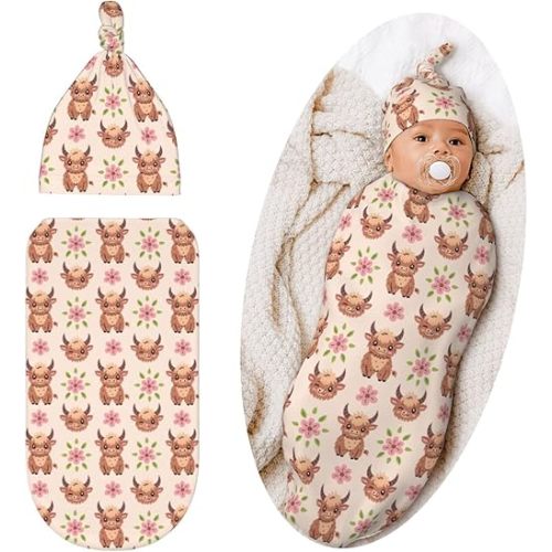 Cow Swaddle Blanket with Hat for Baby, Swaddling Sleeping Sacks, Unisex Baby Stuff, Highland Cow Print