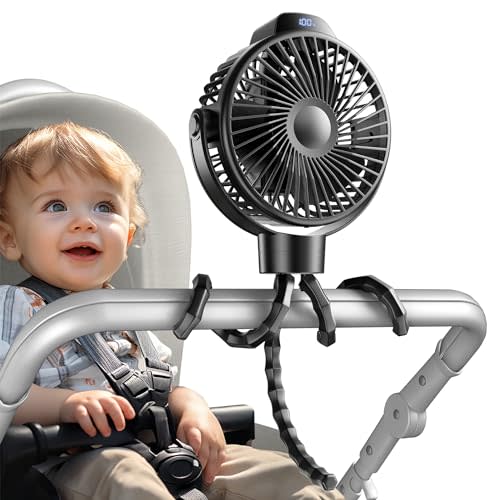 Koonie Portable Stroller Fan for Baby, Rechargeable Battery Operated, 3 Speeds, 360° Rotation, 20db Low Noise,Digital Display, Detachable Flexible Tripod Clip-on Car Seats, Tent, Crib, Treadmill