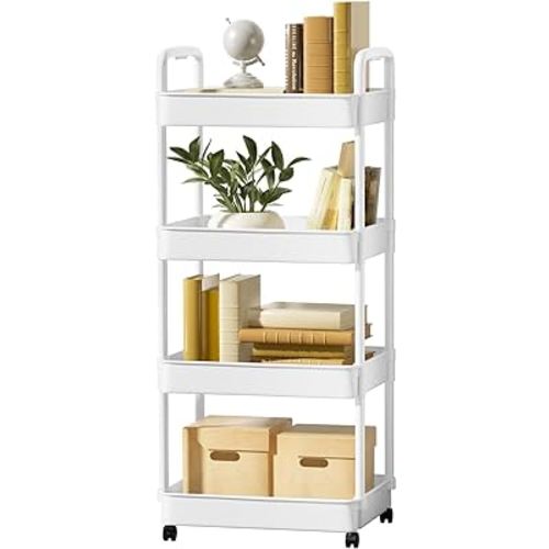 EZ Cozy Rolling Cart, Plastic Rolling Utility Cart with Wheels, Detachable Rolling Storage Cart Organizer, Easy Assemble Storage Trolley for Kitchen, Bathroom, (White, 4-Tier)