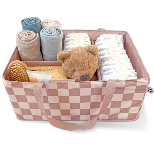 Tiny Twinkle Diaper Caddy Organizer | Foldable Baby Storage Basket with Removable Divider | Waterproof & Mess-Proof Fabric, Portable Nursery Organizer for Newborn Essentials (Beige Checkers)