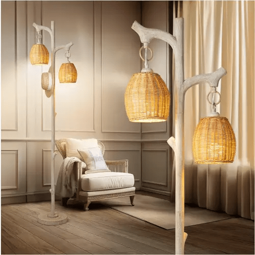 65" High Farmhouse Rustic Country Cottage Floor Lamp Tree Trunk Faux Wood Column White Washed Wicker Drum Shade Decor for Living Room Bedroom Reading Room