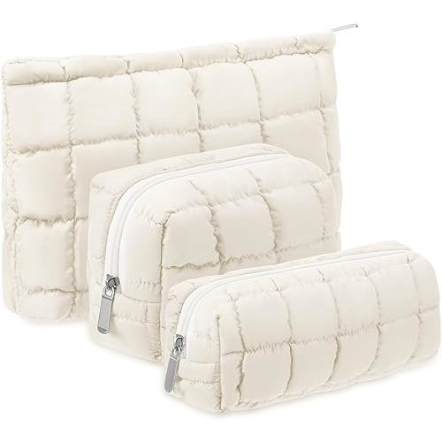 3 Pcs Puffy Makeup Bag Quilted Cosmetic Pouch for Women Cute Checkered Travel Toiletry Bag Puffer Makeup Organizer Purse Pouch Preppy Pencil Case with Zipper
