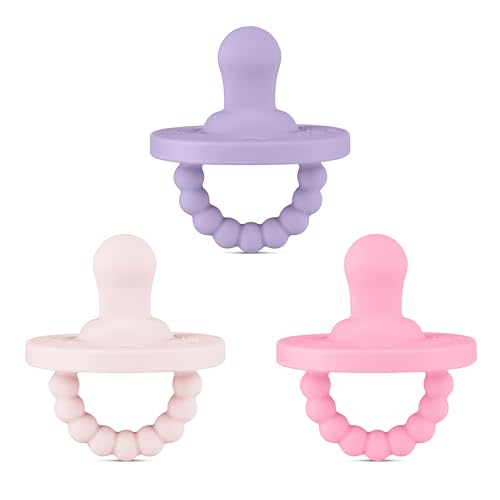 Ryan & Rose Cutie PAT All-in-One Pacifier and Teether Massaging Teething Ring and Hideaway Binky for Growing Babies (Bliss (3 Pack), Flat)