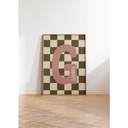 Pink Custom Name Print, Personalized Checkered Initial Poster, Girls Room Decor, Baby Girl Nursery Wall Art, Gifts for Her, Digital Download