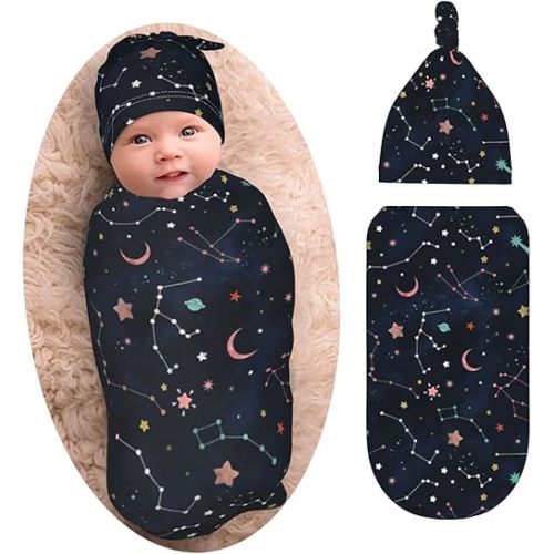 Space Galaxy Constellation Swaddle with Beanie Set, Soft and Stretchy Space Baby Stuff Blanket Swaddle Sleep Sack for Newborn Boy and Girl