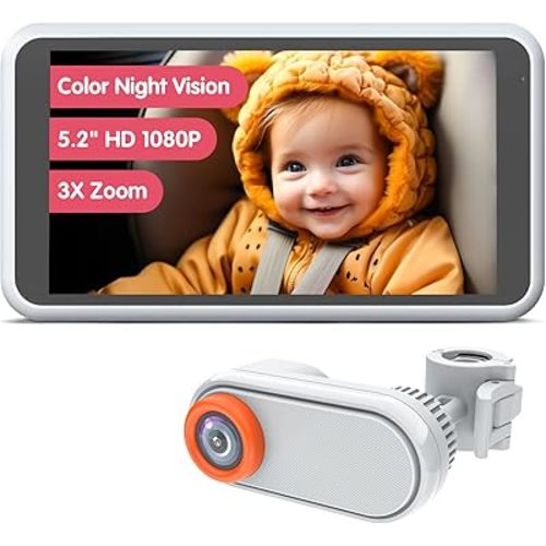 5.2" Baby Car Camera, Night Vision Monitor for Backseat, Unique Headrest Mount with 360° Rotation, 3X Zoom in Closer, Must-Have Baby Item White BM2 (Wired)