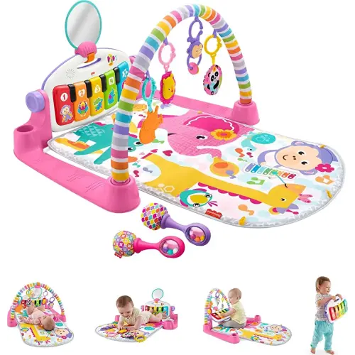 Fisher-Price Baby Gift Set Deluxe Kick & Play Piano Gym & Maracas, Playmat & Musical Toy with Smart Stages Learning Content Plus 2 Rattles [Amazon Exclusive]