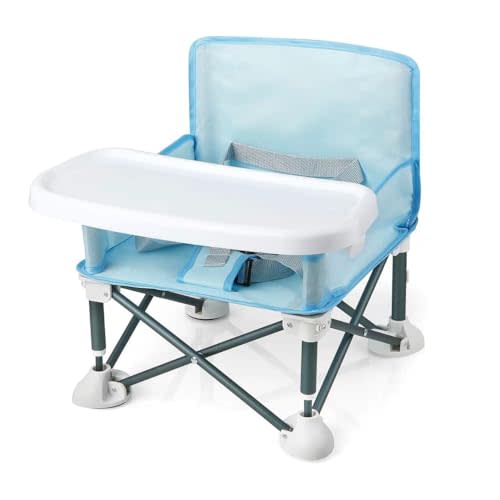 PandaEar Portable Travel Booster Seat with Tray| Folding Baby Seat Booster High Chair for Dining Table| Compact Camping Chair for Lawn, Beach Indoor/Outdoor Use| Toddlers, Kids (Light Blue)