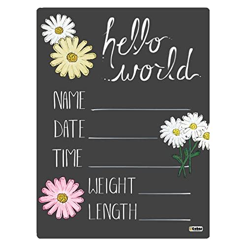 Cohas Hello World Newborn Baby Announcement Chalkboard Sign with Daisy Flower Theme, 5 by 7 Inches, No Marker
