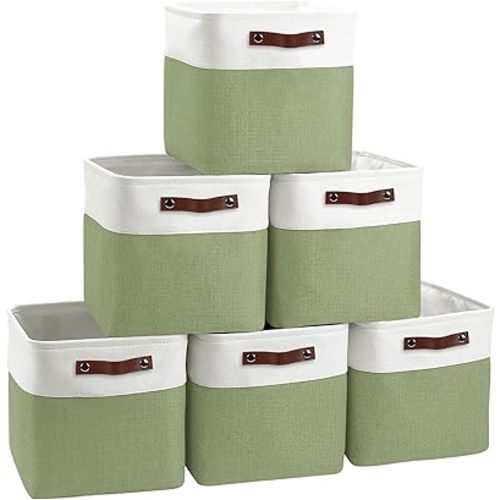 Cube Storage Baskets 6 Pack, 11x11 inch Foldable Cube Storage Bins with Leather Handles for Shelf Closet Nursery Toys (White/ Green)