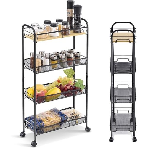 KINGRACK 4-Tier Slim Rolling Cart,Metal Utility Cart,Slide Out Storage Cart with Wooden Tabletop and Mesh Baskets for Narrow Space on Kitchen Bathroom Laundry Room Bedroom Apartments Dormitory, Black