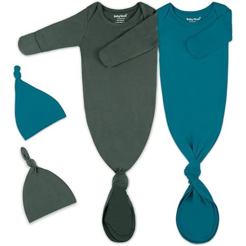 2Pack Knotted Gown Baby, Super Soft Long Sleeve Newborn Hospital Outfit Boy Girl Coming Home, Built-In Mittens Clothes