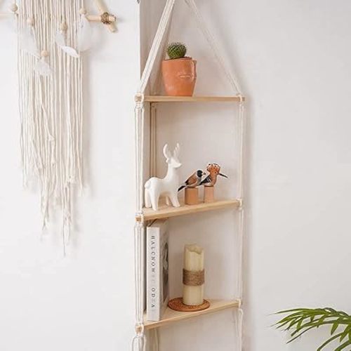 Macrame Wall Hanging Shelf Tassel Woven Macramé Shelves,Boho Wall Hanging Shelves for Small Plants Photo Frames,Home Living Room Bedroom Balcony Decor (3T)