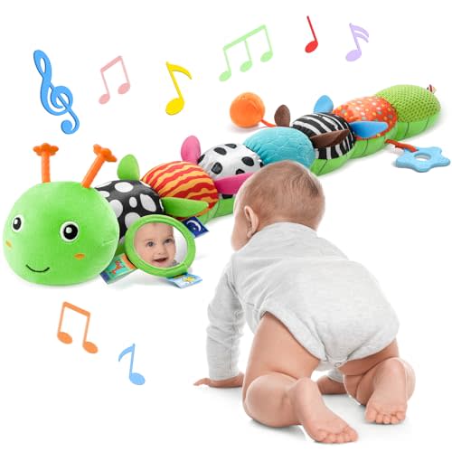 AWOTOY Baby Toys 6-12 Months Music Caterpillar Infant Toys Stuffed Animals 0-3-6 Months Tummy Time Teething Sensory Toys with Mirror Rattle&Pull String for Boys Girls Birthday Gifts|Grass Green,Leafy