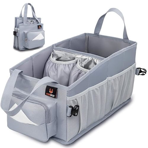 Easy-to-Reach Kids Car Organizer with Tissue Box and Cup Holder for Back Seat, Front Seat, Between Seats, Floor - Tote Car Storage Organization for Toddlers - Kids Road Trip Travel Essentials (Black)