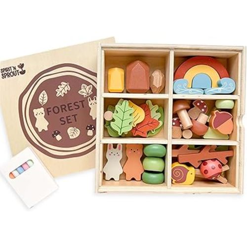 38 pcs Wooden Forest Sensory Bin - Montessori Toys for 4 Year Old - Wooden Blocks for Toddlers 3-5 - Sensory Toys for Kids 5-7 - Preschool Learning Activities- Tinker Toys