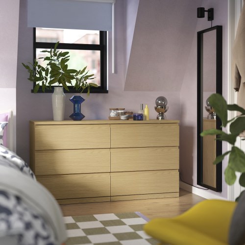 STORKLINTA 6-drawer dresser - oak effect/anchor/unlock-function 140x48x75 cm (55 1/8x18 7/8x29 1/2 ")