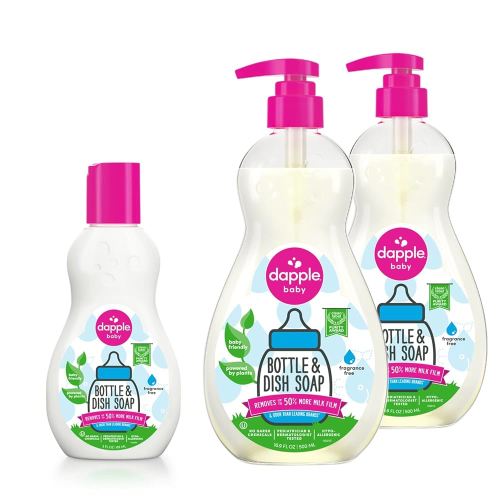 Dapple Baby Dish Bundle Includes Baby Bottle & Dish Liquid, Travel Size 3 Fl Oz and 16.9 Fl Oz Bottle, 2 ct., Fragrance-Free, Powered by Plants, Hypoallergenic