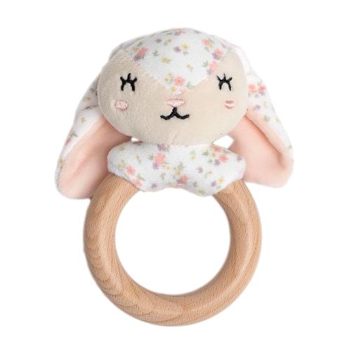Pearhead Floral Bunny Wooden Baby Teething Ring, Soft Plush Animal Lovey Toy, Natural Safe Wood Infant Rattle Teether for Teething Discomfort, BPA-Free Newborn Teething Relief Ages 0m+