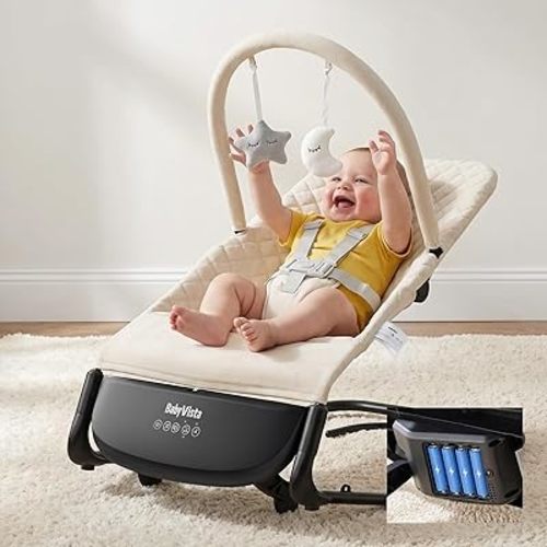 Electric Baby Bouncer Seat with Auto Rocking, 3-in-1 Infant Bouncer & Rocker Chair, Adjustable Height, Battery or Plug-in Powered, Music & Play Bar, Portable Baby Bouncer for Babies 0-12 Months