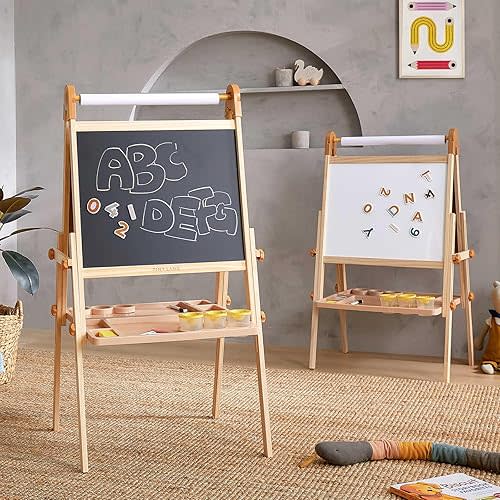 Tiny Land Easel for Kids, Double-Sided Magnetic Easel, Adjustable Wooden Kids Art Easel with Paper Roll, Learning-Toy for 3,4,5,6,7,8 Years Old Boy & Girls