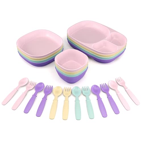 Kid’s Dinnerware Set - 24 Pieces, 4 Place Settings - Tough Tableware for Toddlers - Made in the USA - Dishwasher and Microwave Safe - BPA Free and Shatter Resistant (Pastel)