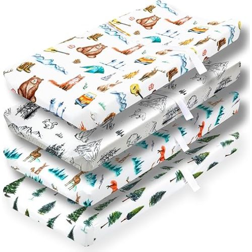 4 Pack Changing Pad Covers Woodland Forest Animals Wood Neutral Unisex Fitted Baby Changing Pad Cover Set for Baby Boys or Girls