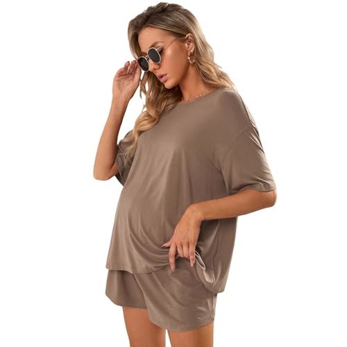 Verdusa Women's Maternity Pajama Set 2 Piece Drop Shoulder Top and Short Lounge Sets