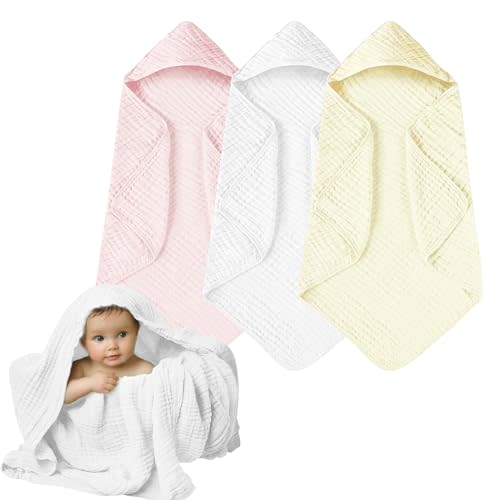 Momsnug Hooded Baby Towels, 3 Pack Muslin Cotton Baby Towel Set, Super Soft and Absorbent Bath Towel for Babies, Infant, Toddler and Kids, Newborn Essential (35 X 35 Inch) (White + Pink + Yellow)